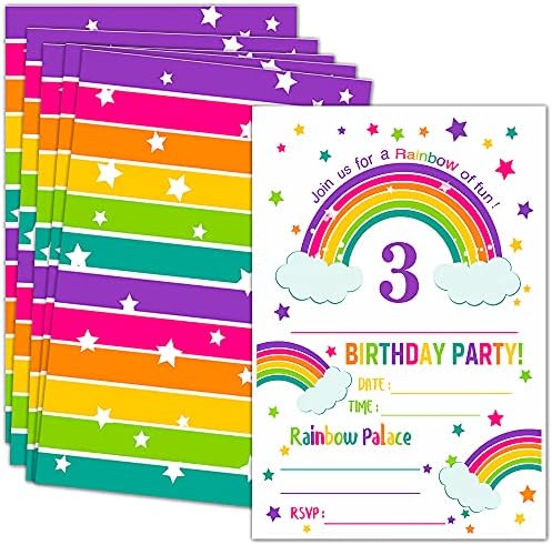 ukebobo 3 הזמנות למסיבת יום הולדת לקשת עם מעטפות-הזמנות למסיבת יום הולדת, קישוטים למסיבות קשת-20 קלפים