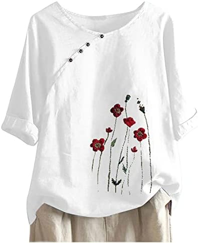 חולצות קיץ נשים חצי שרוול צווארון כפתור צד פרחוני מתאים מודפס חולצות טריקו מקרית חולצת טי כותנה