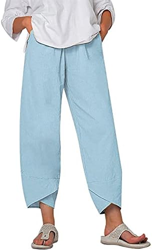 מכנסי הרמון של פשתן כותנה לנשים מותניים אלסטיים מכנסי רגל רחבים מזדמנים וינטג