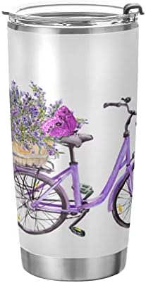 Alaza סגול אופניים לאופניים פרחי פרחי לבנדר כוסות עם מכסים וקשיות, כוס כוס מבודד נירוסטה נירוסטה לשימוש