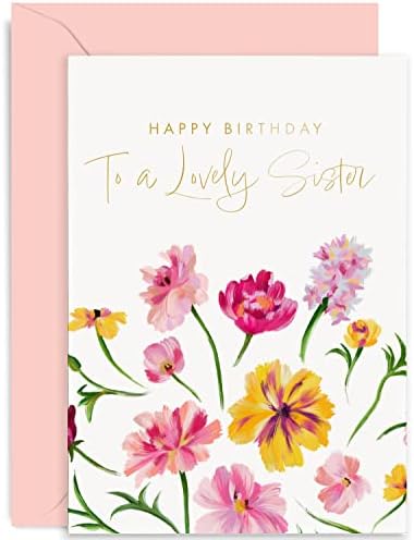 Old Engline Co. כרטיס יום הולדת שמח לאחות מאחים - עיצוב פרחים חמוד עם נייר זהב - צבעוני פרחים פרחים מקסימים