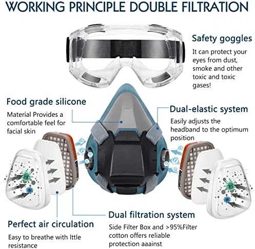 מסכת הנשמה, לשימוש חוזר חצי פנים גז מסכות עם כפול הופעל פחמן מסנני אנטי ערפל בטיחות משקפיים נגד ציור/כימיקלים