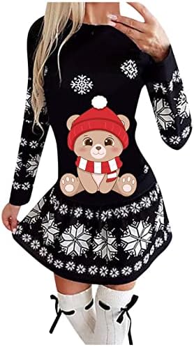 אופנה סתיו וחורף נשים סקסי ארוך שרוול חג המולד מודפס עגול צוואר ארוך שמלות