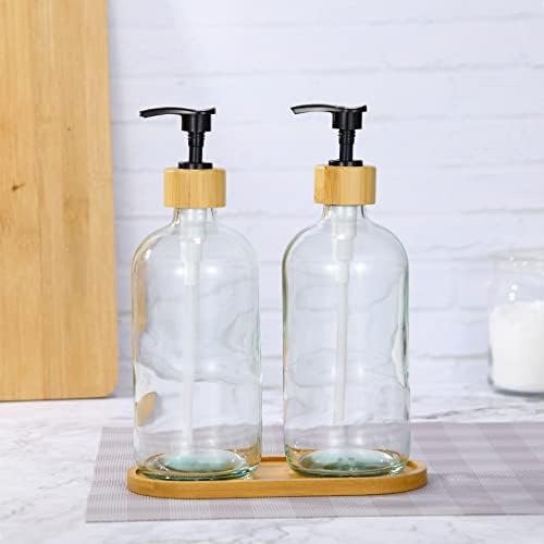 ערכות תפאורה למטבח של בית חווה, סט אמבטיה של מתקן סבון זכוכית - 16oz בקבוקים צלולים מתקן כלים עם משאבת במבוק,