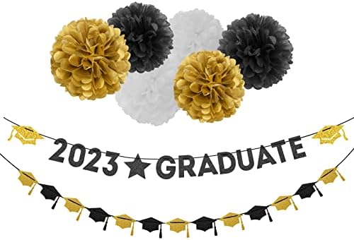 שחור לבן-זהב מסיבת-קישוט סיום באנר-8 יחידות ערכות כובע זר סרטים, נייר רקמות פום פומס פרחים, 2023 לערסל באנר