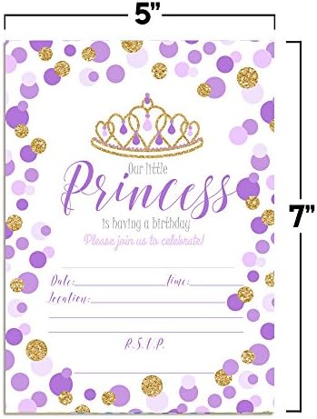 סגול וזהב נצנצים פולקה נקודה נסיכה נסיכת יום הולדת הזמנות לבנות, 20 5 x7 מלא קלפים עם עשרים מעטפות