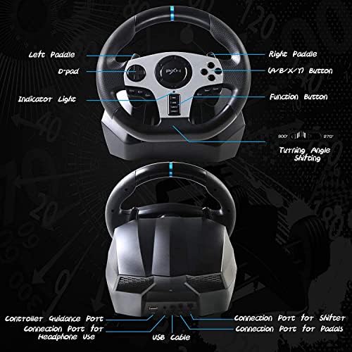 גלגל מירוץ משחקים, PXN V9 270 °/900 ° מתכוונן הגה מירוצים, עם מצמד ומחלף, תמיכה ברטט ופונקציית אוזניות, המתאימה