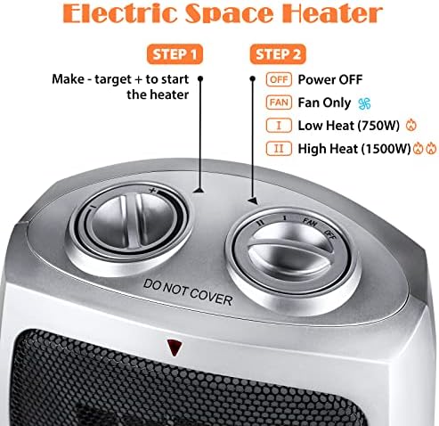 תנור חימום חשמלי לחדר, 750 וואט/1500 וואט תנור קרמי נייד עם תרמוסטט מתכוונן, בטוח לשימוש עם 3
