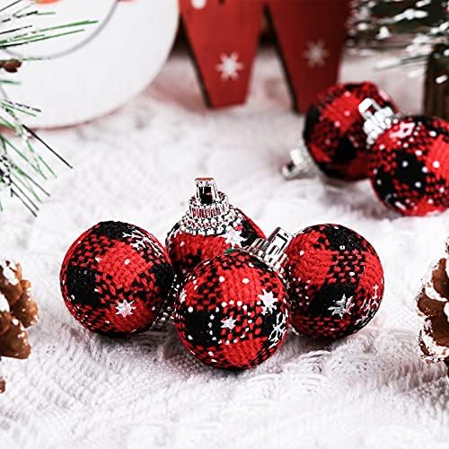36 חתיכות מיני משובץ כדור קישוטי עץ חג המולד קישוטי עם פתיתי שלג אדום ושחור משובץ בד עטוף כדורי עץ חג המולד תליית