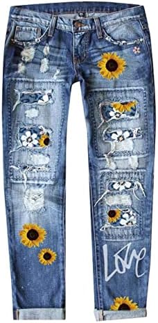 טלאי חמניות של נשים מותניים גבוהים קרעו במצוקה ג'ינס נמתח ג'ינס סקיני הדפס פרחוני הרוס ג'ינס קפרי