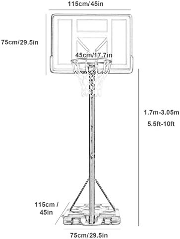 חישוק כדורסל נייד עם קרש גב בגודל 45 אינץ ' ו -2 גלגלים, מעמד מערכת מטרות כדורסל מתכוונן לגובה