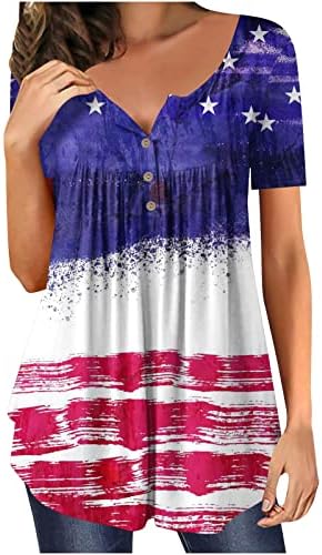 צמרות יום העצמאות נשים דגל אמריקאי כוכב טוניקה מפוספסת טוניקה ארוכה שרוול קצר צווארון 4 ביולי