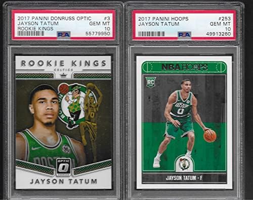 PSA 10 Jayson Tatum 2 כרטיסים טירון מגרש Panini Donruss Optic & Hoops מדורגת PSA Gem Mint 10 Celtics Superstar