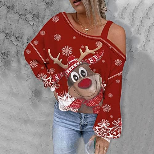 חולצות חג מולד סקסיות נשים טוניקה כתף קרה אסימטרית חולצה שרוול ארוך חולצה חג המולד פתית שלג