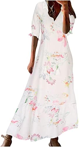 WPOUMV נשים קיץ שמלות שרוול קצר מזדמן הדפס פרחוני עם צווארון V שרוך שמלת MIDI אופנה פרוע שמלה