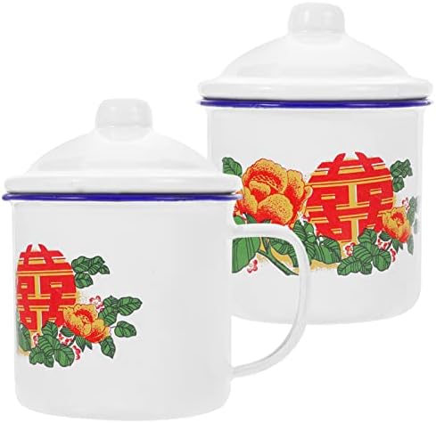 Cabilock 2 PCS ספלי אמייל סיניים עם מכסים ספלי קפה רטרו שותים כוס תה -כוסות תה אמייל אמייל ספל וינטג 'למשרד ביתי