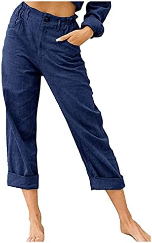 מכנסי פשתן כותנה של Balakie Womens כפתור מטה מכנסי מותניים אלסטיים קפלים מכנסיים מזדמנים עם כיסים.
