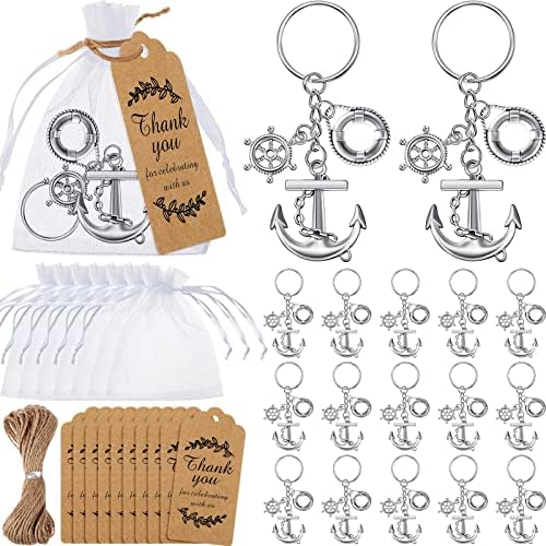 50 סטים מסיבות ימיות מעדיפות מחזיק מפתחות עוגן עם מתנות שייט בהצלה של הגה עם תיק גזה תודה תגי לאורחים לטובת