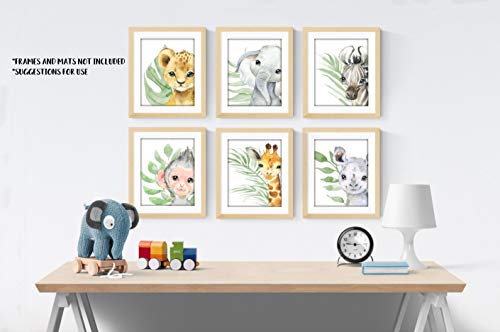 ספארי חיות תינוקות הדפסים לאמנות קיר - תפאורה למשתלה - סט של 6-8x10 - תמונות בעלי חיים בג'ונגל - לא
