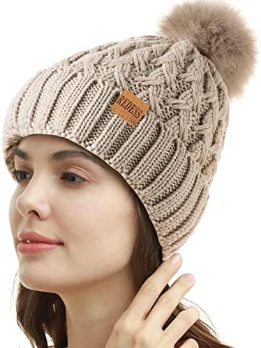 כובע פומפום חורף פומפום חורף כובע פליס מרופד כובעים חמים, שלג עבה סרוג כובע חוצה לנשים ...