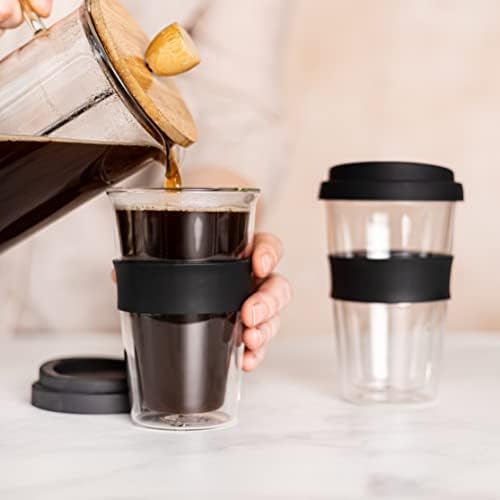 כוס קפה מזכוכית כפולה עם מכסה, כוס קפה מבודדת, ספל קפה נסיעות לשימוש חוזר 14 אונקיות. סט של 2