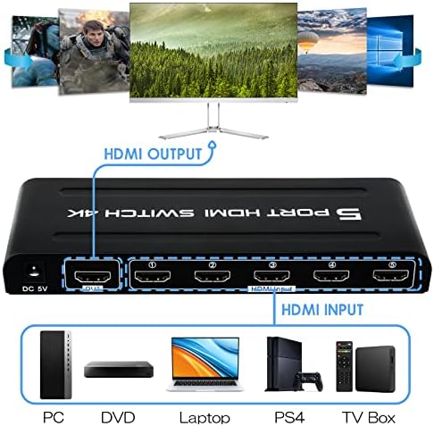 DGODRT 5 יציאה HDMI מתג 4K@30Hz + HDMI 2.0 כבל 5ft 4K@60Hz