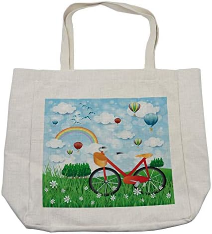 תיק קניות מצויר של אמבסון, נוף אביב עם ענני קשת בלוני אוויר ואופניים על דשא חיננית, תיק לשימוש חוזר