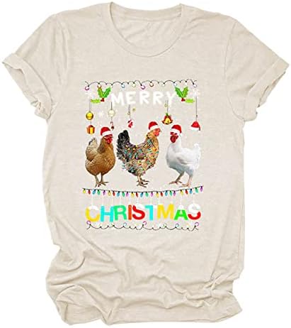 חולצות חג המולד של נשים סנטה כובע שרוול קצר סוודר חג המולד חג המולד עוף עוף מודפס חולצת טריקו פרימיום מצחיק