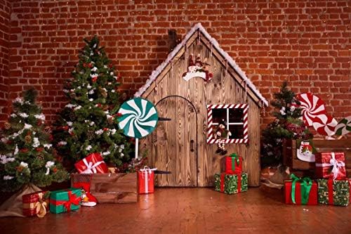 BELECO בד 9X6FT תפאורת חג מולד חג המולד לחג המולד חדר לבנים אדום עם בית עץ בקתת חג המולד מתנות עץ