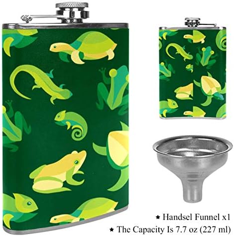 בקבוקון ליקר נירוסטה חסין דליפות עם משפך כיסוי עור 7.7 עוז בקבוק רעיון מתנה נהדר-צפרדעים וזוחלים ירוקים