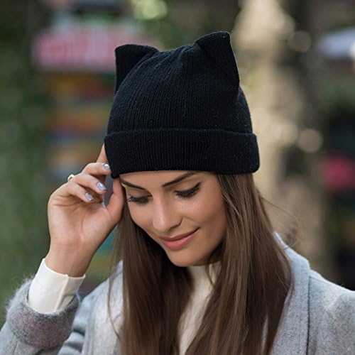 נשים חתול אוזן כפת כובע צמר קלוע לסרוג טרנדי חורף חם כובע