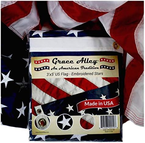 דגל אמריקאי 3x5 חיצוני על ידי גרייס אלי, כוכבים רקומים, פסים תפור, חובה כבדה, תוצרת יד ועמידה בפני דהייה