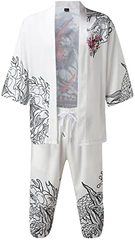 XXBR Mens Kimono סיני סטים רופפים קדמי פתוח עטוף 3/4 שרוול מכנסי קפרי קרדיגן סט יפן תלבושות הדפסים של יפן