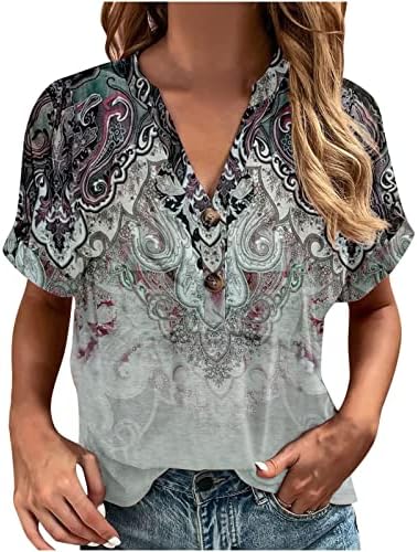 חולצת טי קיץ נשים אופנה חולצה מודפסת V כפתור צוואר