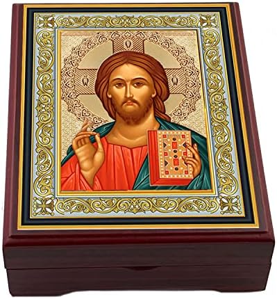 DeCezo ישוע המשיח קופסת מורזרי קופסת אייקון לחרוזי תפילה תכשיטים מחזיק מזכרת עץ 5 אינץ ', מתנה