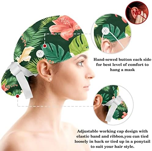 צמחים טרופיים תבנית חלקה כובע עבודה מתכוונן עם כובע שיער קשת מבושל, בופנט עם כפתורים