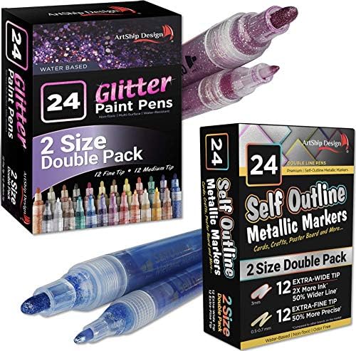 עיצוב אמנות 24 עטים צבע נצנצים ו -24 מתאר עצמי סמנים מתכתיים, שניהם חבילות כפולות של סמני צבע