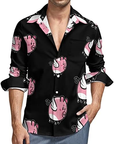 חמוד מעופף חזיר חולצות לגברים קלאסי מתאים ארוך שרוול מזדמן כפתור למטה חולצה