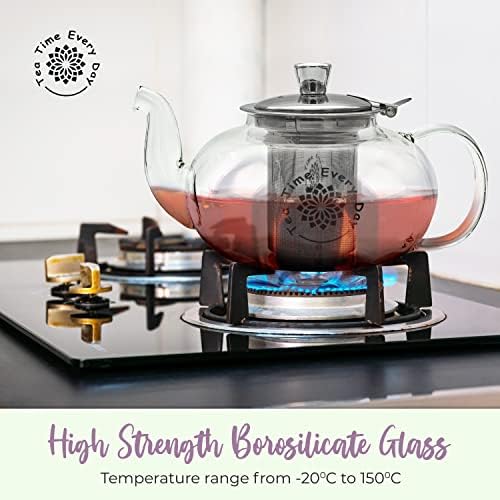 ערכת קומקום זכוכית עם Infuser, מכסה צירים ו -4 כוסות תה. Taepot מכיל 33 אונקיות וכוסות התה מחזיקות 4 אונקיות.