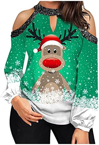 חולצת כתף קרה לחג המולד לנשים מכוערות סוודר חג מולד חג המולד מצחיק של פתית שלג איילים הדפסת סווטשירט סווטשירט