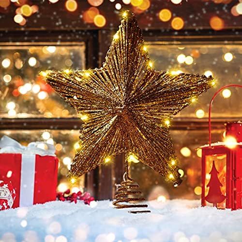 Toyandona 1 pcs טופר עץ כוכב חג המולד, עץ חג המולד מואר טופר זהב נצנצים קישוט עץ חג המולד לקישוטים של עץ