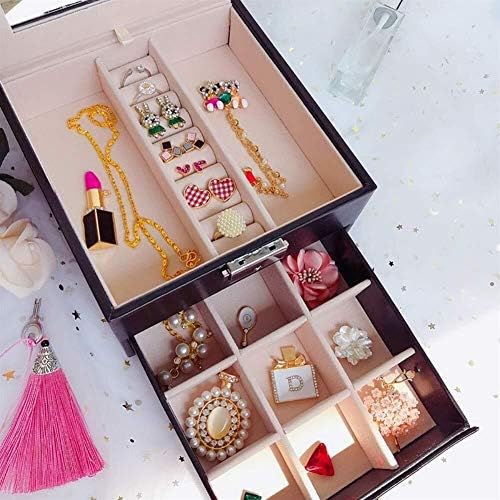 קופסאות תכשיטים של QTT מארגן תכשיטים מגוונת קטיפה עם מראה תכשיטים שכבה כפולה קופסת אחסון יצירתית קופסת תכשיטים