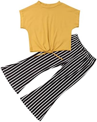פעוט ילדים ילדה קיץ פסים פעמון תלבושות תחתיות יבול צהוב חולצה עליונה+ סט מתלקח מכנסיים רחבים