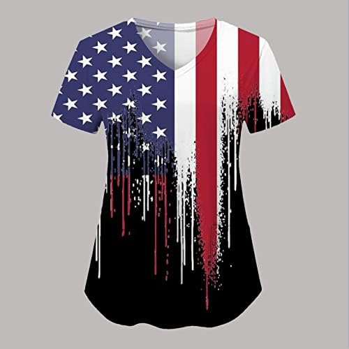 4 ביולי חולצות לנשים דגל ארה ב קיץ שרוול קצר חולצת טי עם 2 כיסים חולצה למעלה בגדי עבודה מזדמנים לחג