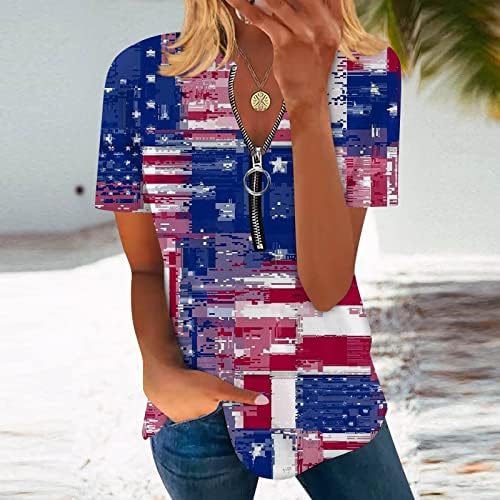 צמרות יום העצמאות לנשים 1/4 טוניקת רוכסן דגל אמריקאי דגל אמריקאי חולצות טריקו פטריוטיות מזדמנים פלוס