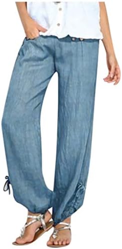 מכנסי פשתן קיץ מזדמנים רגל רחבה לנשים מכנסי פשתן מותניים גבוהים עם כיסים מכנסיים לחופשת טרקלין