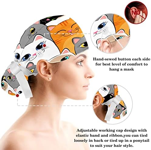 קרצוף כובעים נשים כירורגיות עם כפתורים רצועת זיעה וכובעים כירורגיים של סרטי שיער לנשים, דפוס חתול