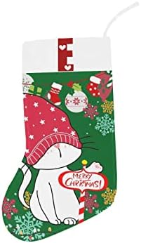 מונוגרמה גרב חג המולד של סנטה חתול עם מכתב E ולב 18 אינץ 'ירוק ולבן גדול